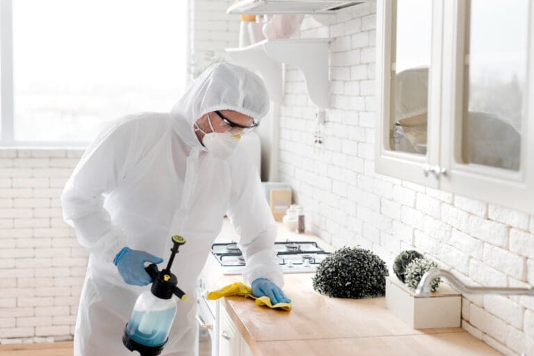 a person wearing protective suite and holding a spray bottle and spraying on a table surface and cleaning with a cloth